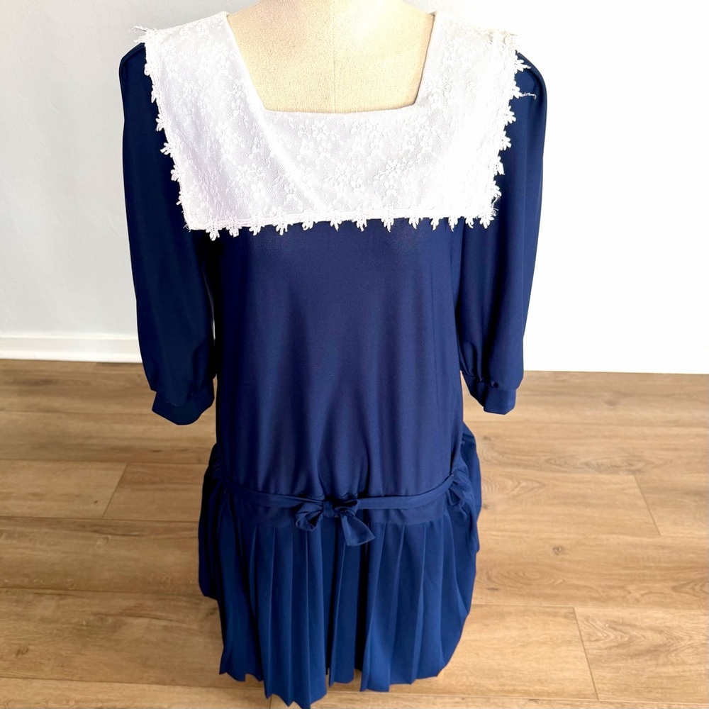 Vintage 80s 90s Navy Blue Lace Collar Dress Pleated Drop Waist Size 11 Midi USA